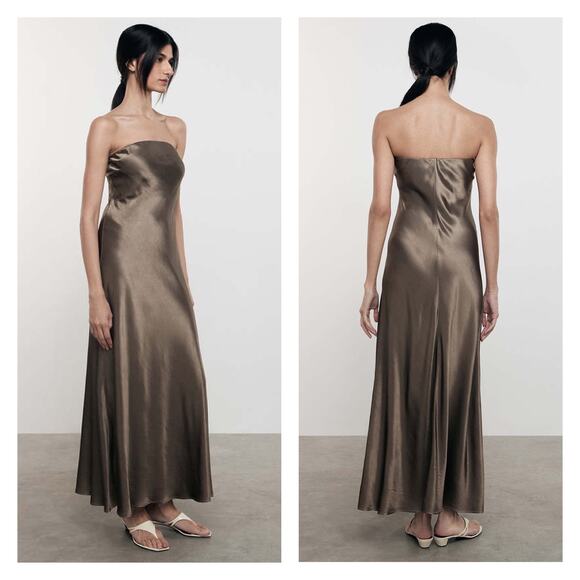 ENZA COSTA Strapless Satin Bias Dress Womens Medium Teal Aqua Blue Maxi Pull On - Picture 2 of 13